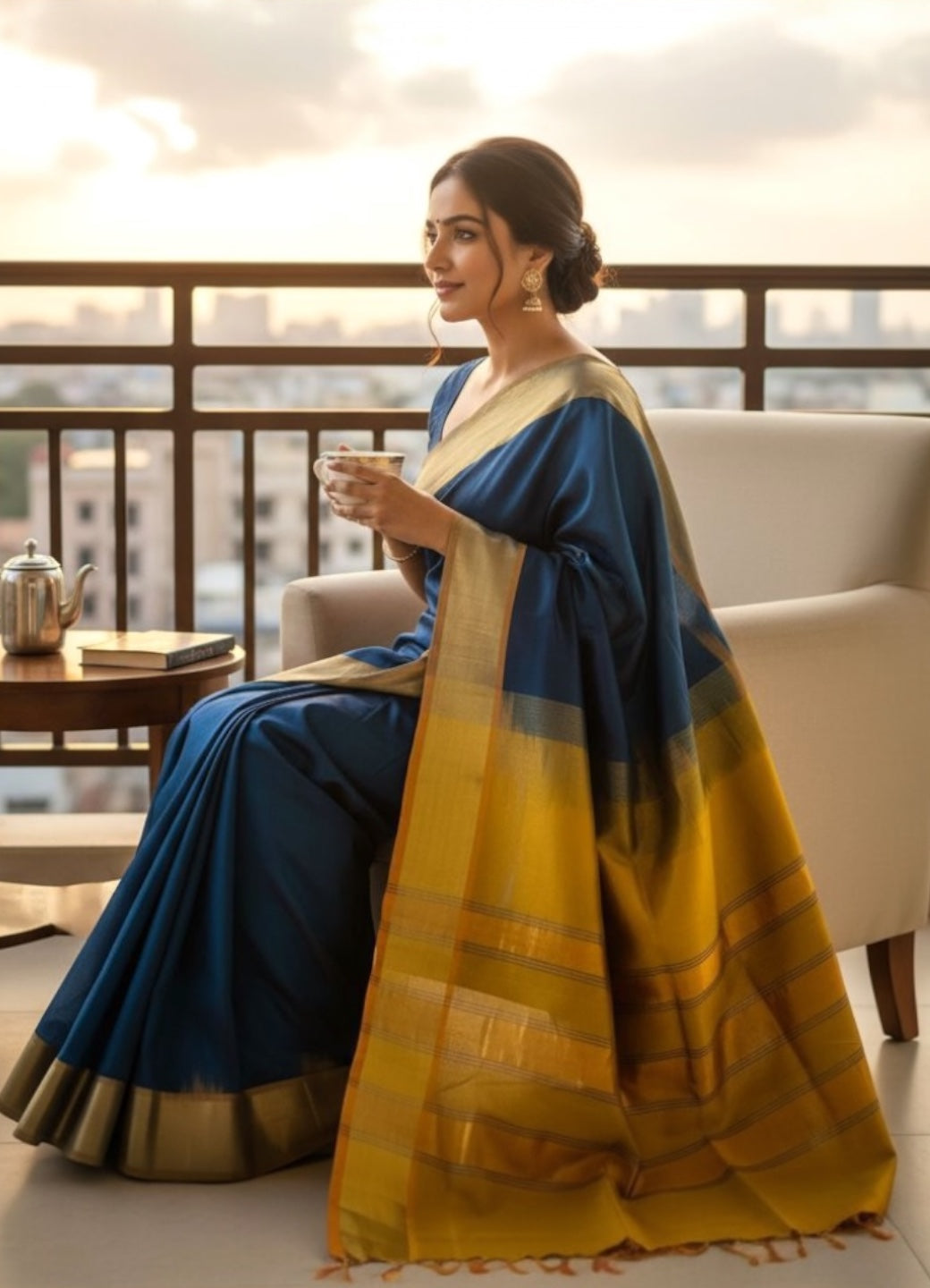 Venkatagiri Peacock Blue & Mustard Yellow Cotton Pattu Saree