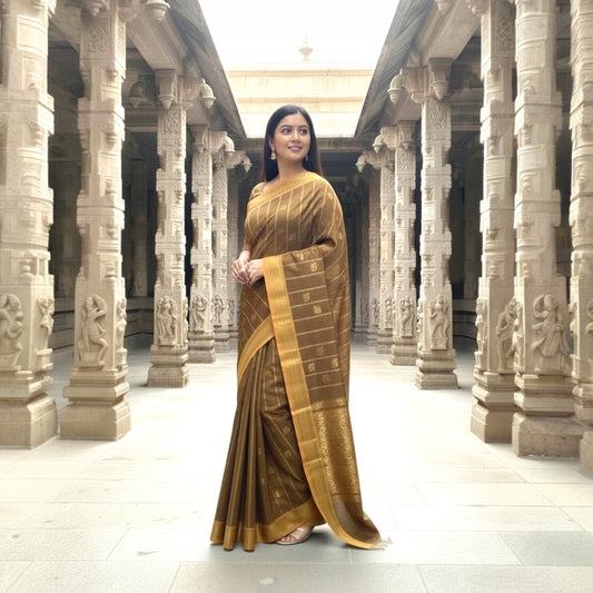 Venkatagiri Handloom Brown & Mustard Yellow Cotton Saree