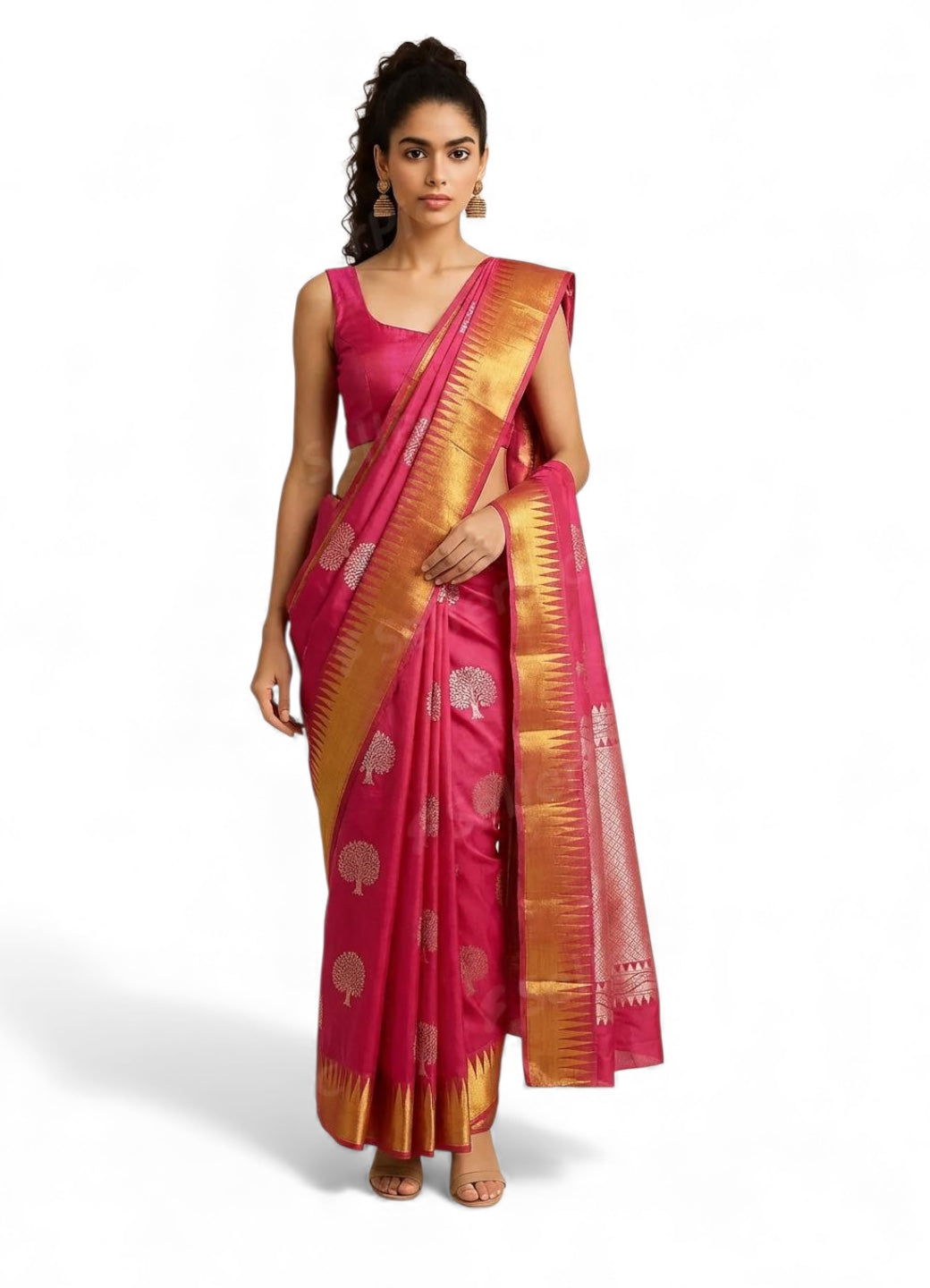 Watermelon Colour Handloom Cotton Saree