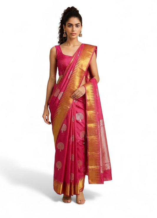 Watermelon Colour Handloom Cotton Saree