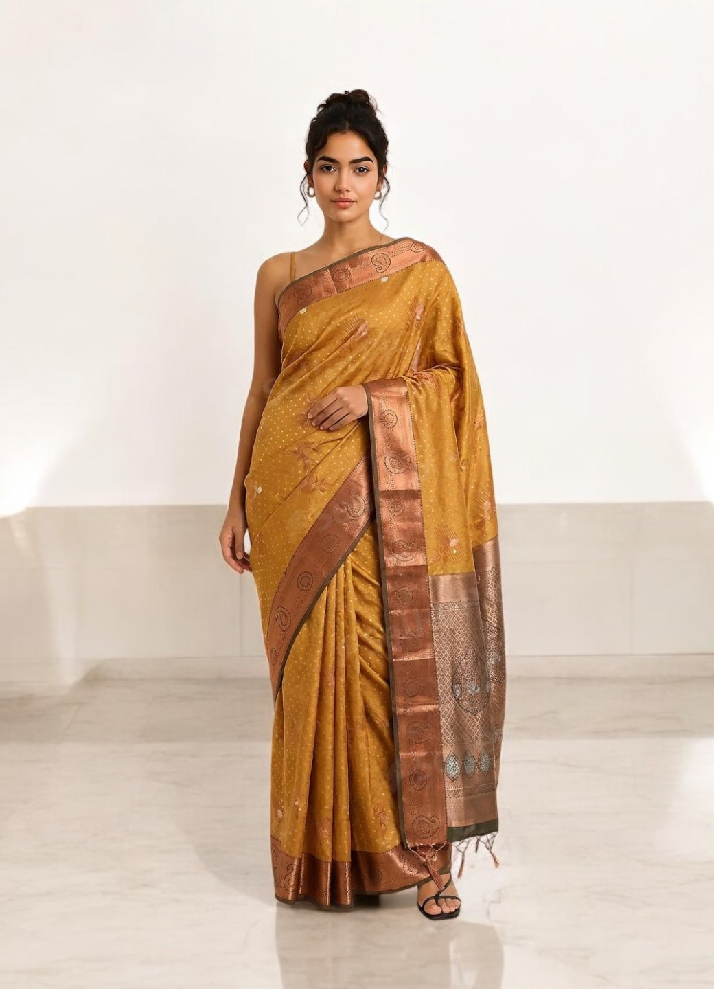 Copper Toned Brown & Green Soft Pattu Saree