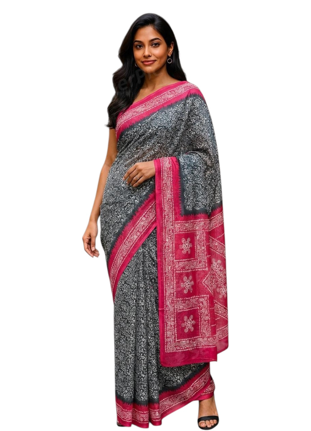 Grey Colour Cotton Saree with Hand Block Print