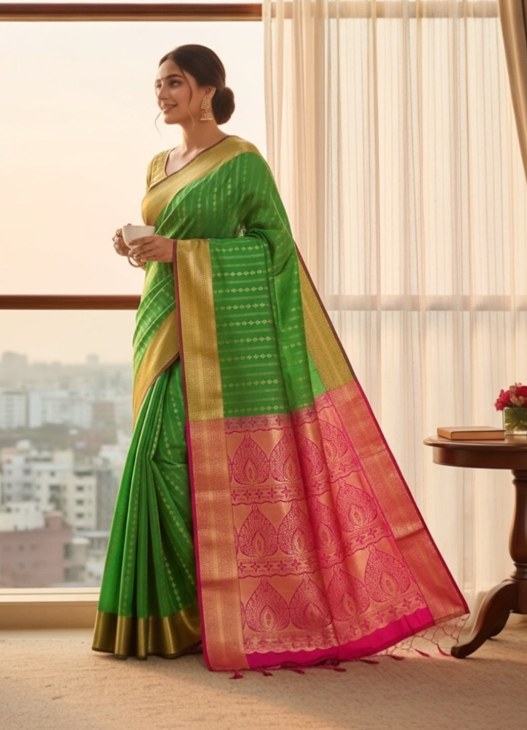 Green and Pink Colour Soft Pattu Saree