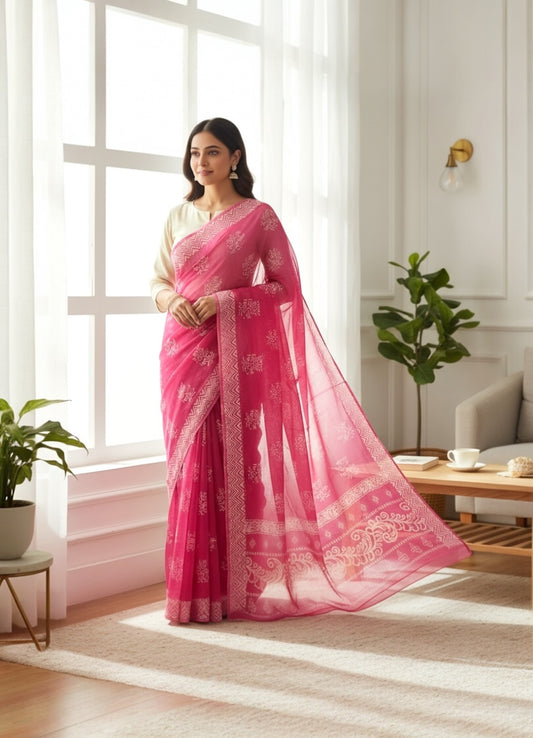 Bright Pink Colour Cotton Saree