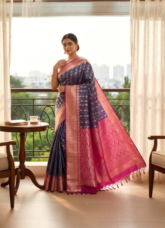 Blue and Pink Colour Soft Pattu Saree