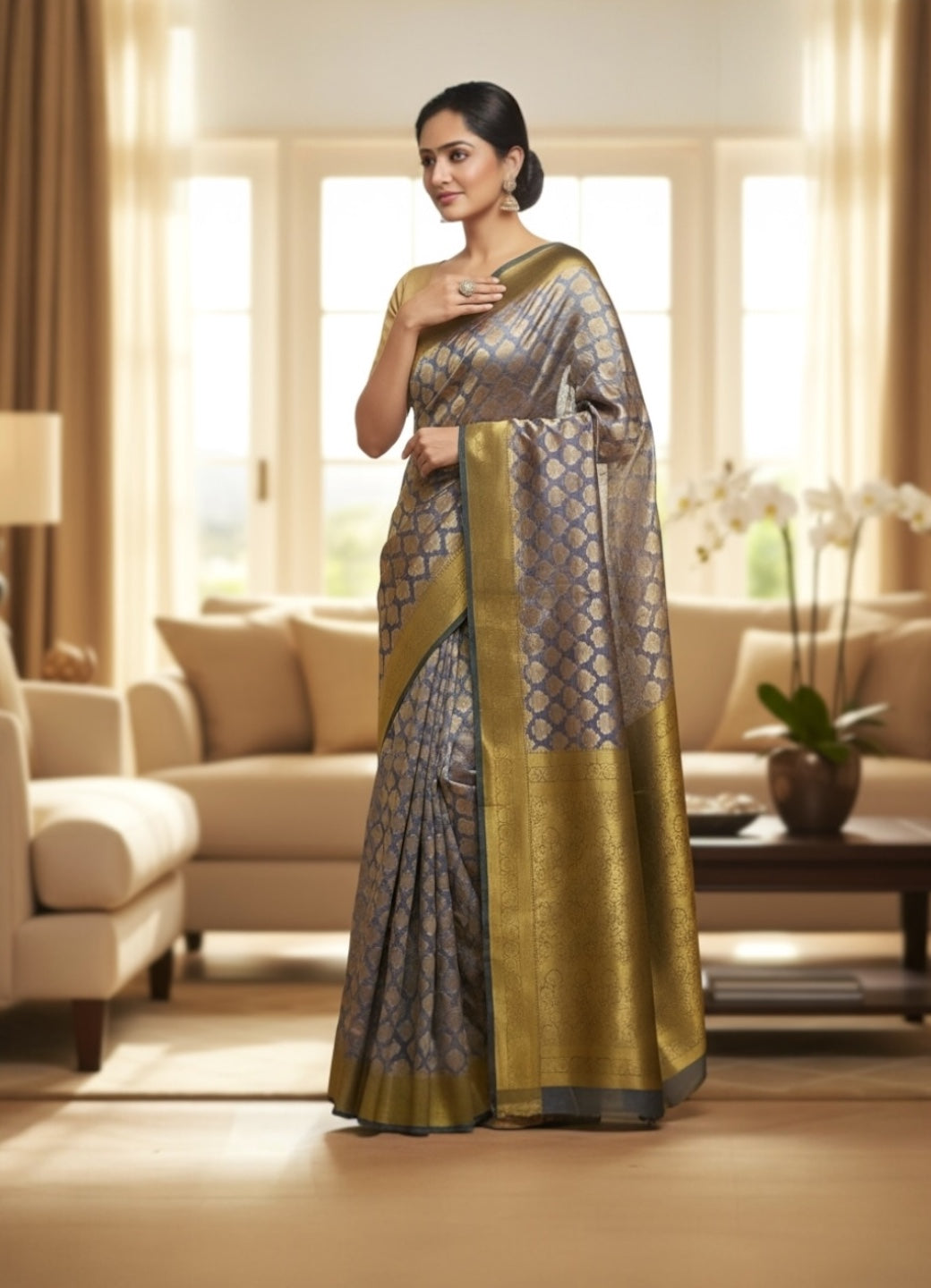 Grey Colour Banarasi Tissue Saree