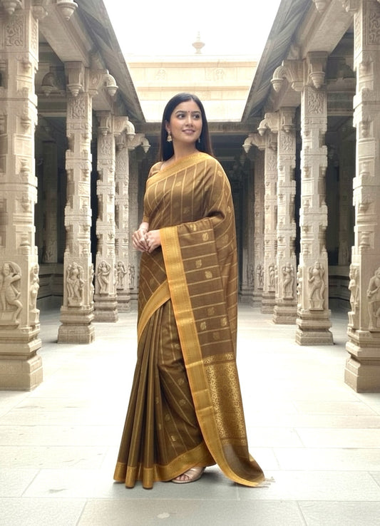 Venkatagiri Handloom Brown & Mustard Yellow Cotton Saree