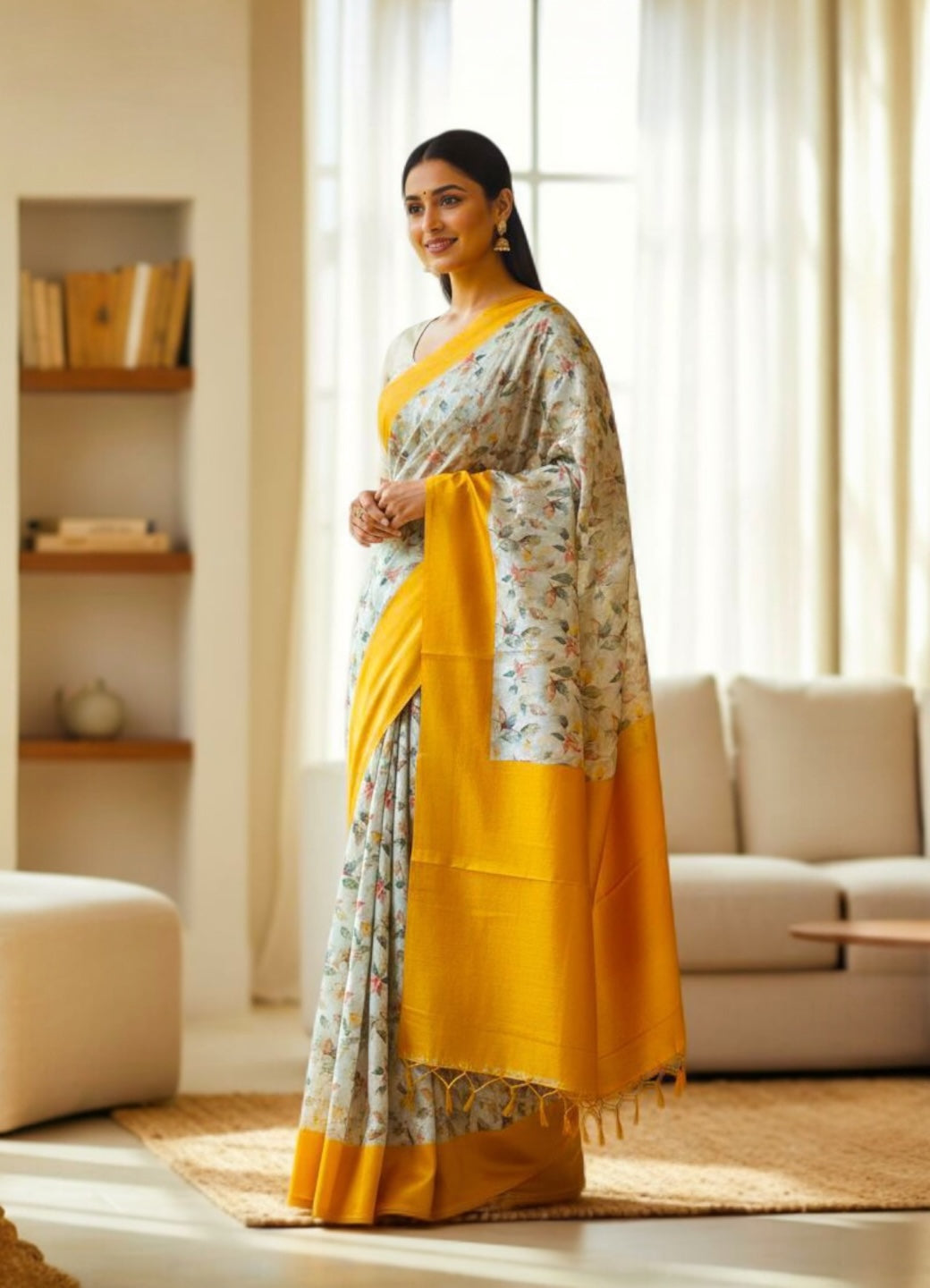 Wheat and Yellow Colour Digital Printed Saree