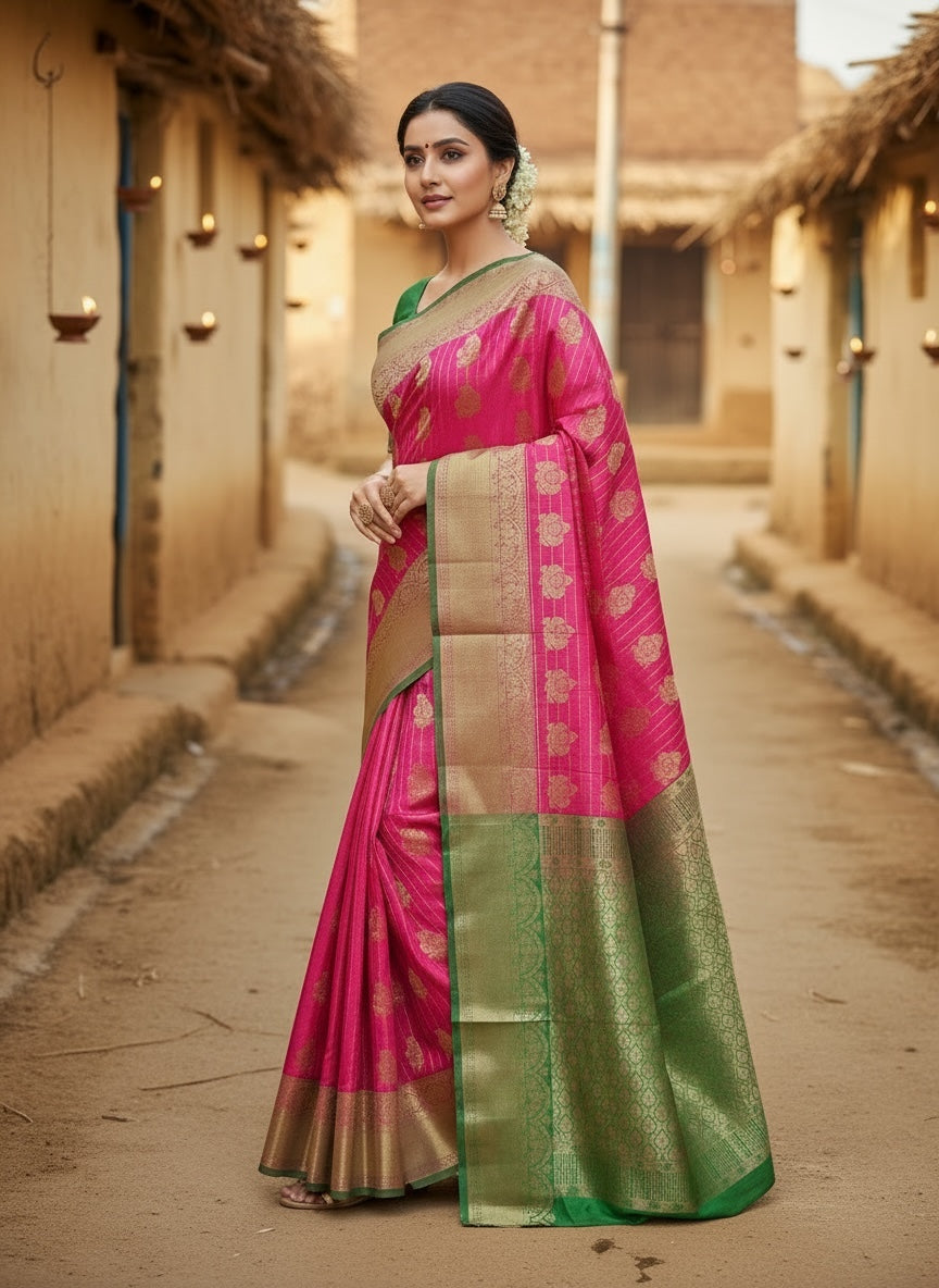 Pink and Green Colour Banarasi Soft Pattu Saree