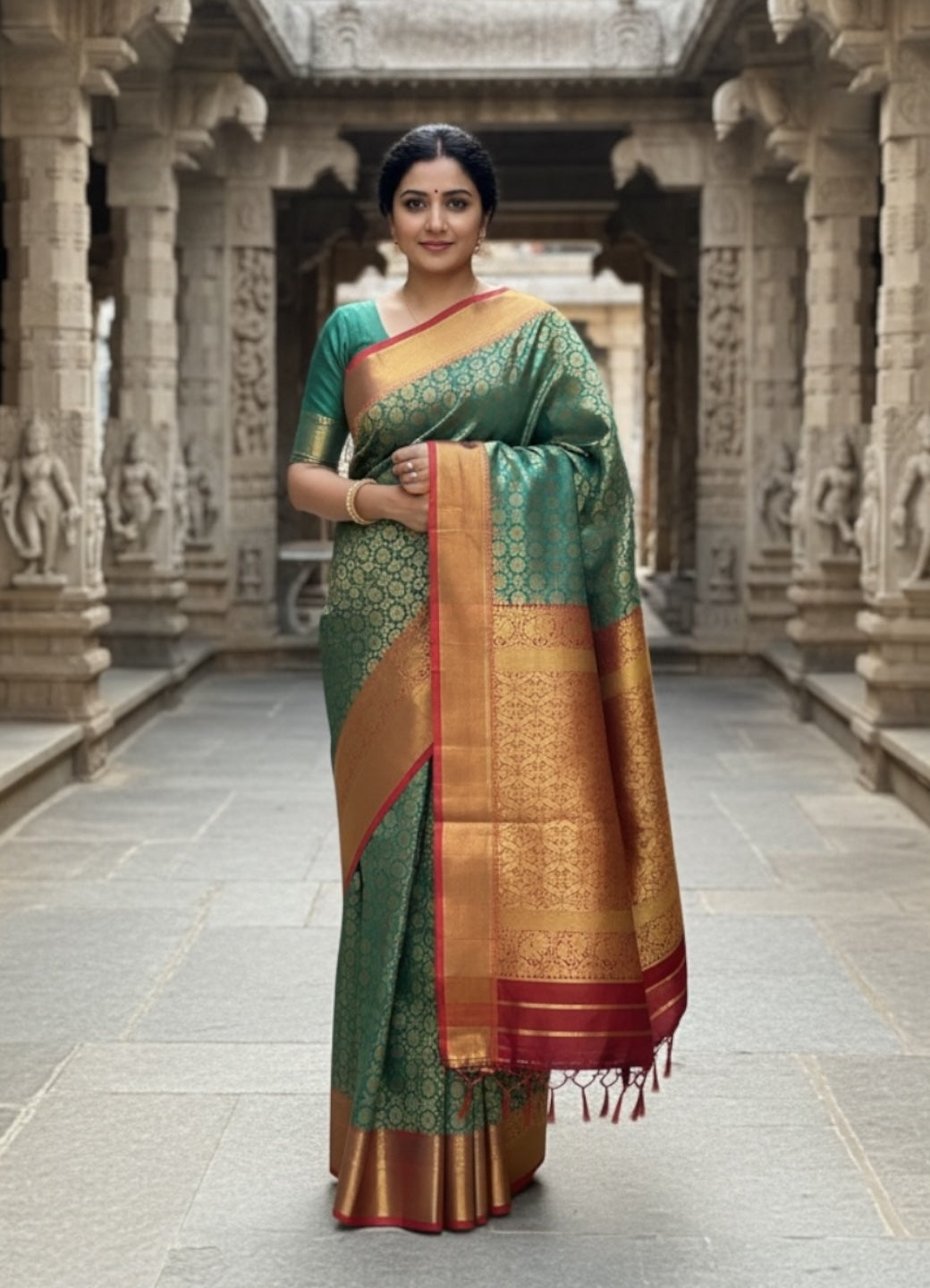 Light Pine Green and Red Colour Banarasi Soft Pattu Saree