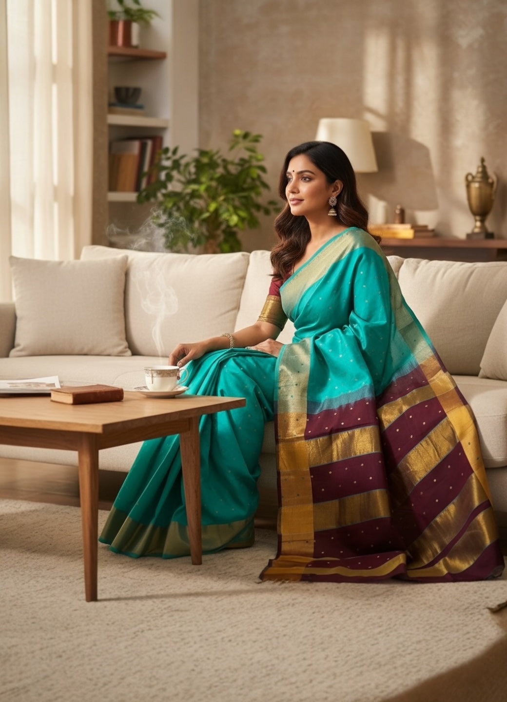 Venkatagiri Light Green & Brown Cotton Pattu Saree