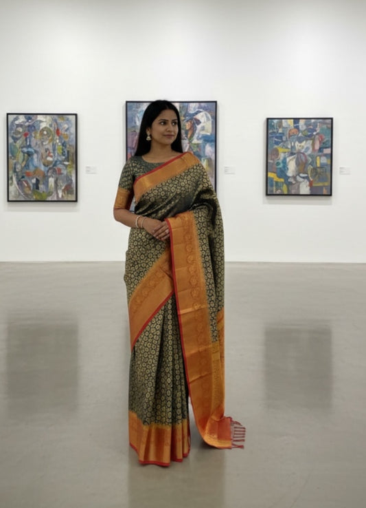 Peacock Blue and Red Colour Banarasi Soft Pattu Saree