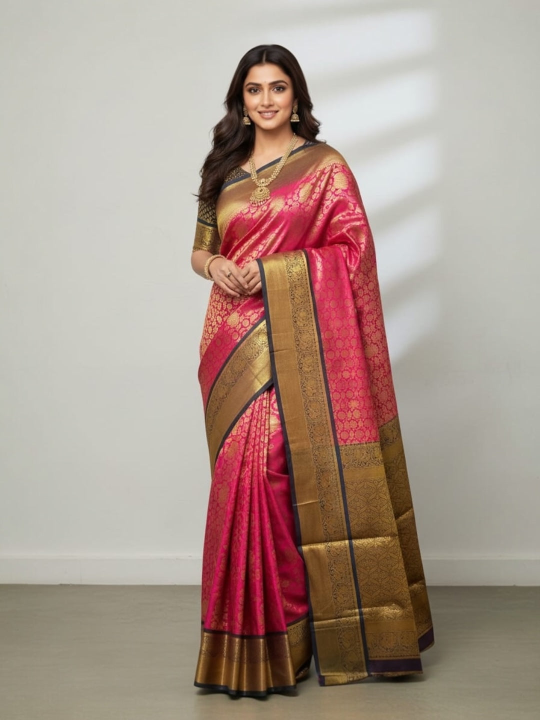 Pink and Navy Blue Colour Banarasi Soft Pattu Saree