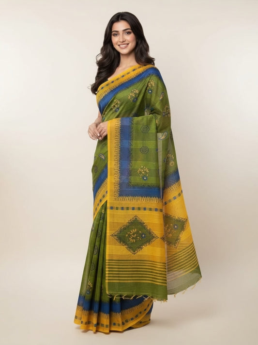 Green and Yellow Colour Kota Cotton Saree