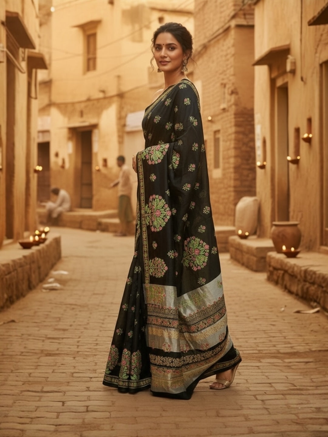 Dark Green and Black Colour Mangalagiri Semi Pattu Saree