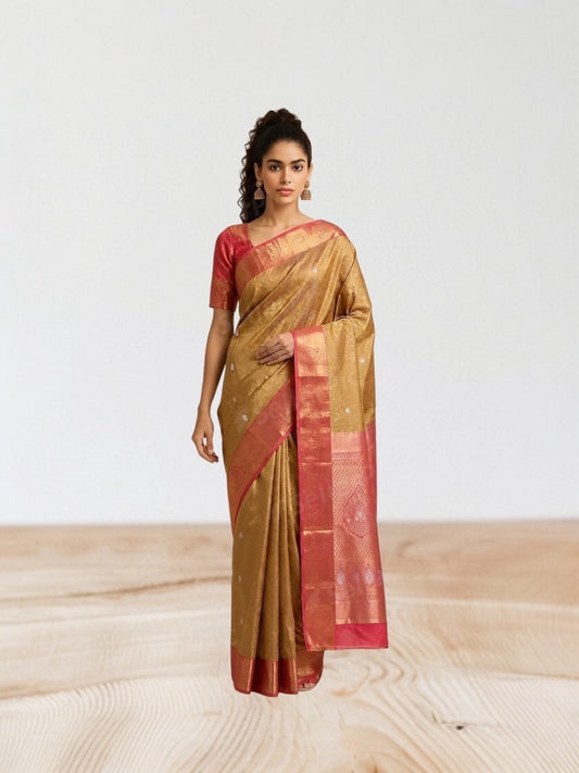 Copper Toned Brown & Pink Soft Pattu Saree