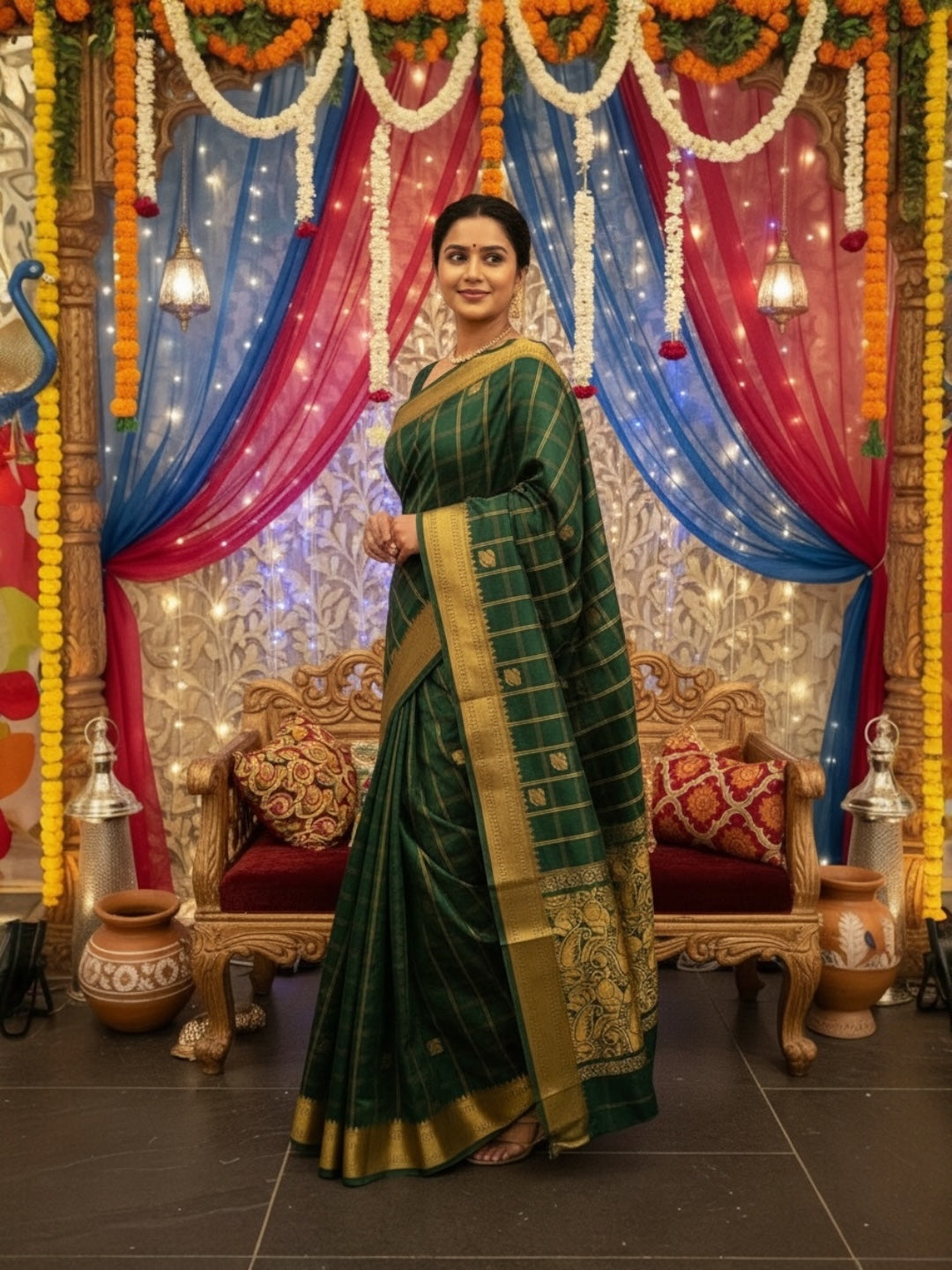 Venkatagiri Handloom Deep Green & Mustard Yellow Cotton Saree