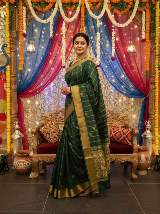 Venkatagiri Handloom Deep Green & Mustard Yellow Cotton Saree