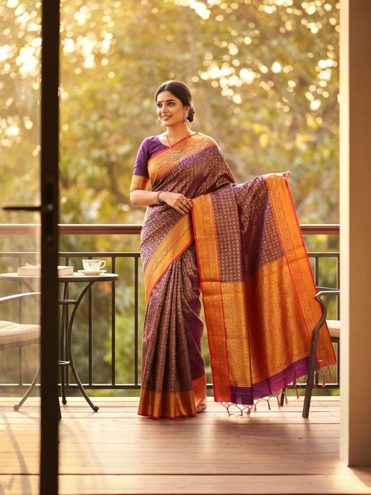 Dark Brown and Red Colour Banarasi Soft Pattu Saree