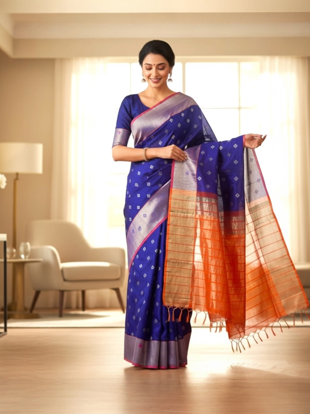 Venkatagiri Deep Violet & Orange Cotton Pattu Saree