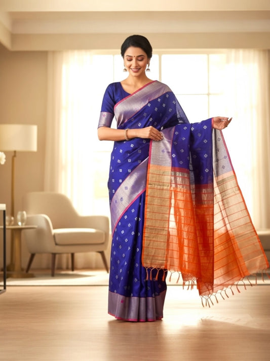 Venkatagiri Deep Violet & Orange Cotton Pattu Saree