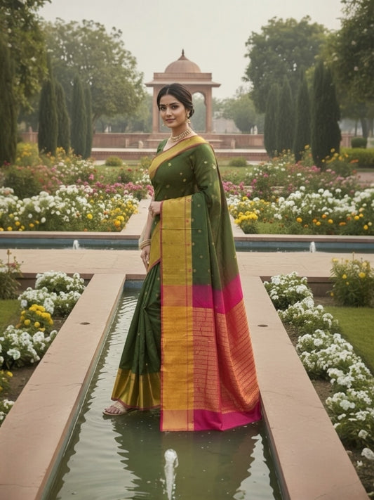Venkatagiri Bottle Green & Red Cotton Pattu Saree