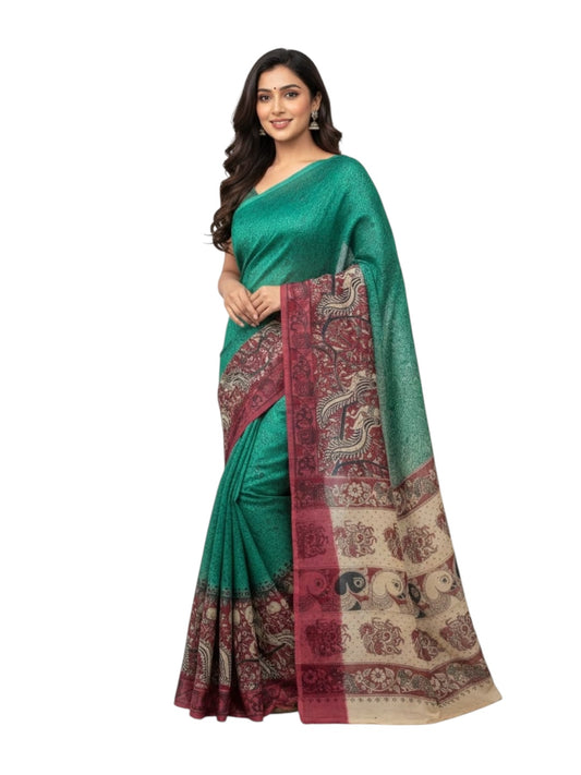 Green and Pink Colour Kalamkari Print Cotton Saree