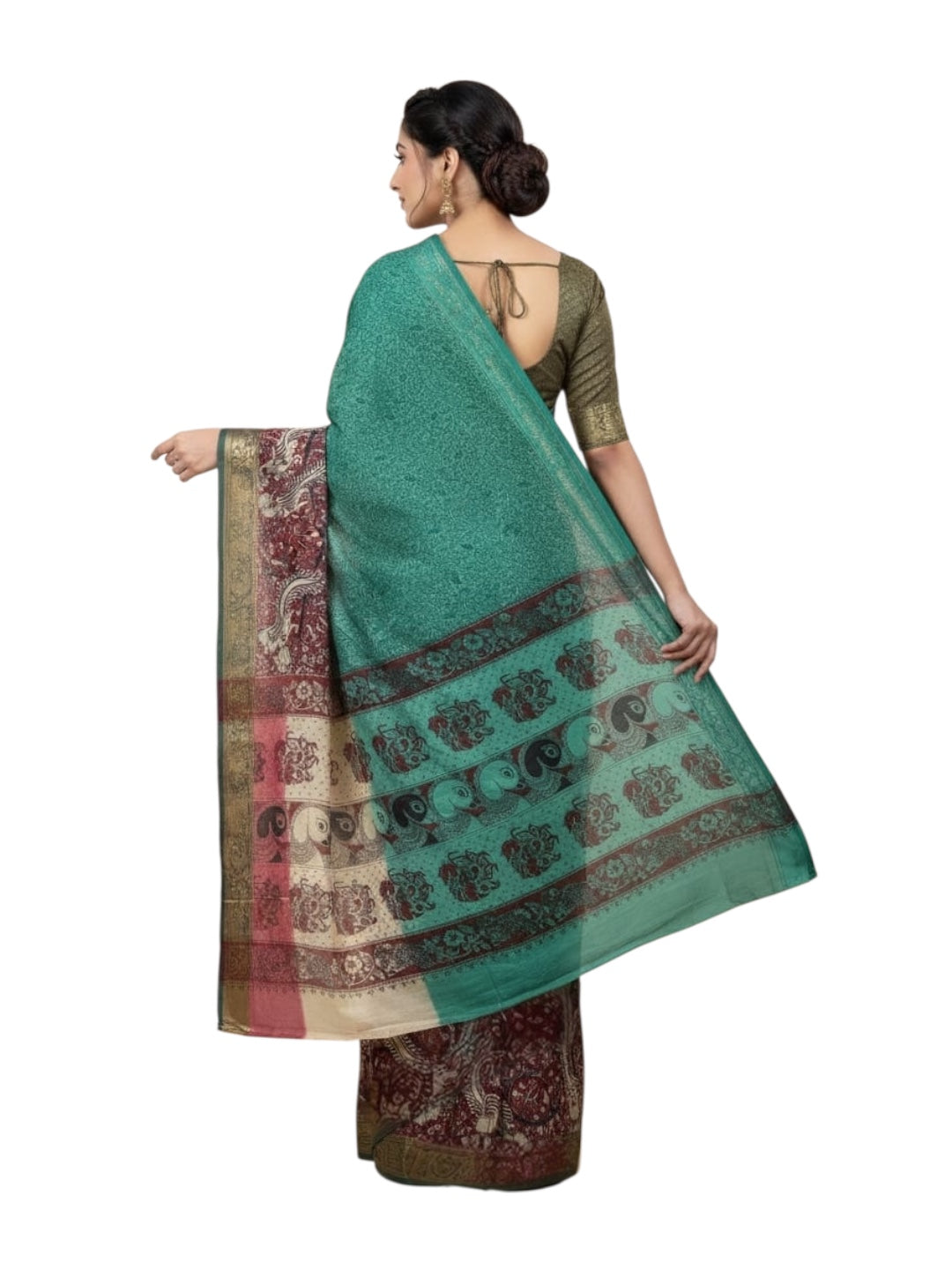 Green and Pink Colour Kalamkari Print Cotton Saree