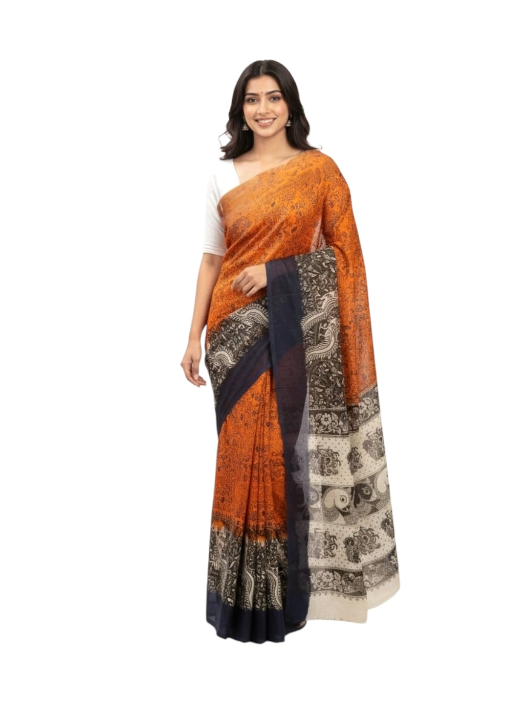 Orange and Blue Colour Kalamkari Print Cotton Saree