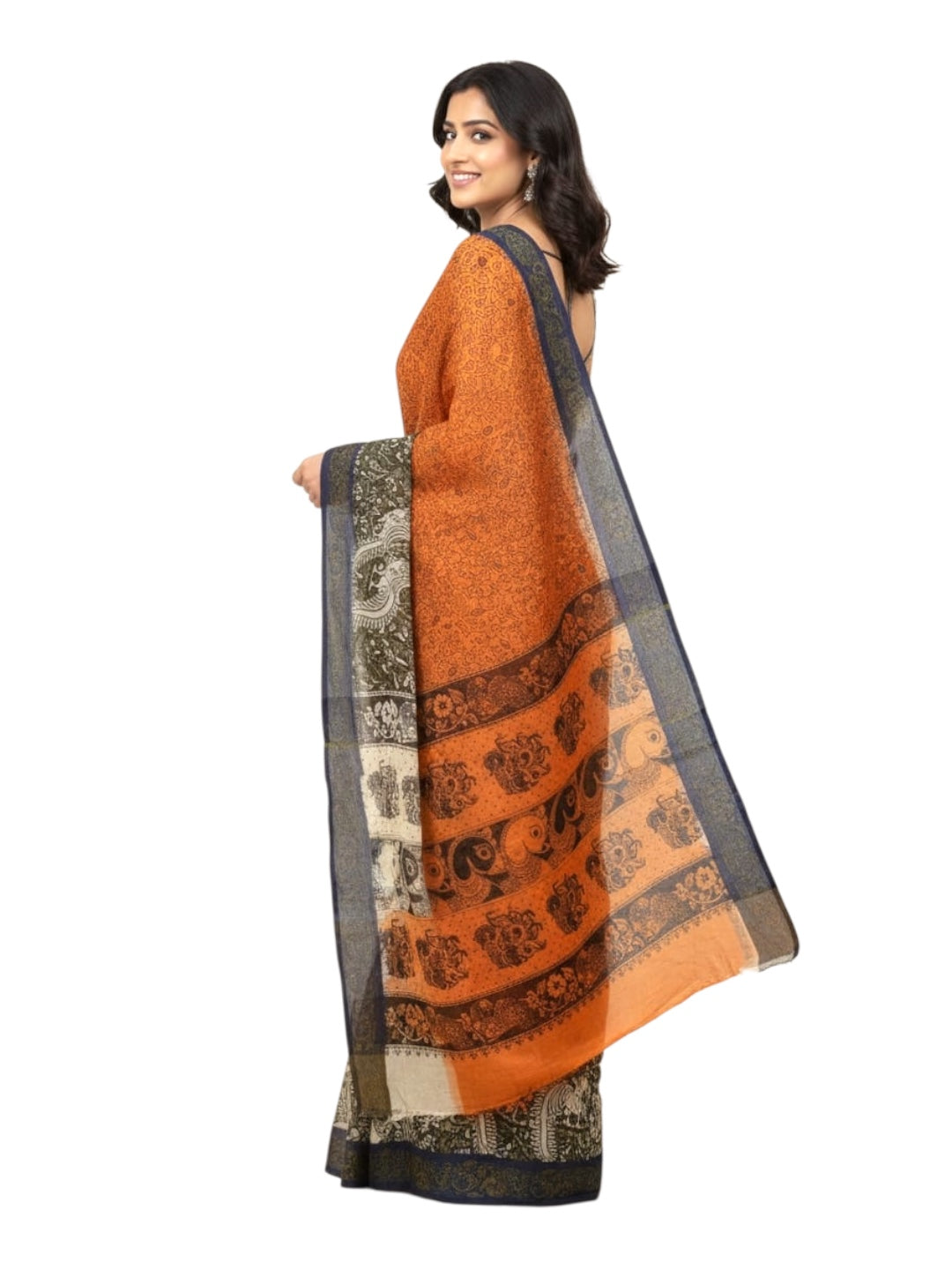 Orange and Blue Colour Kalamkari Print Cotton Saree