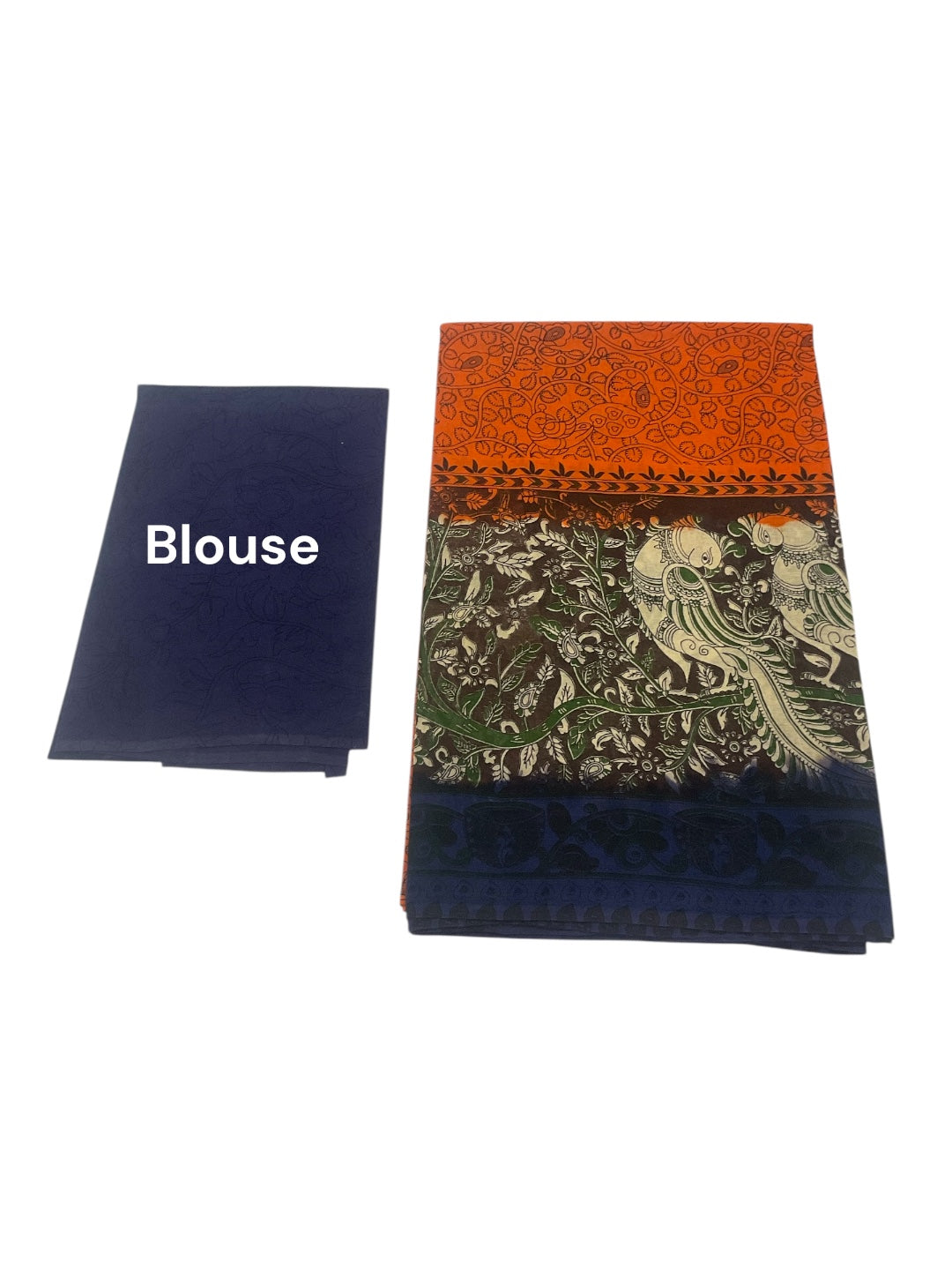 Orange and Blue Colour Kalamkari Print Cotton Saree