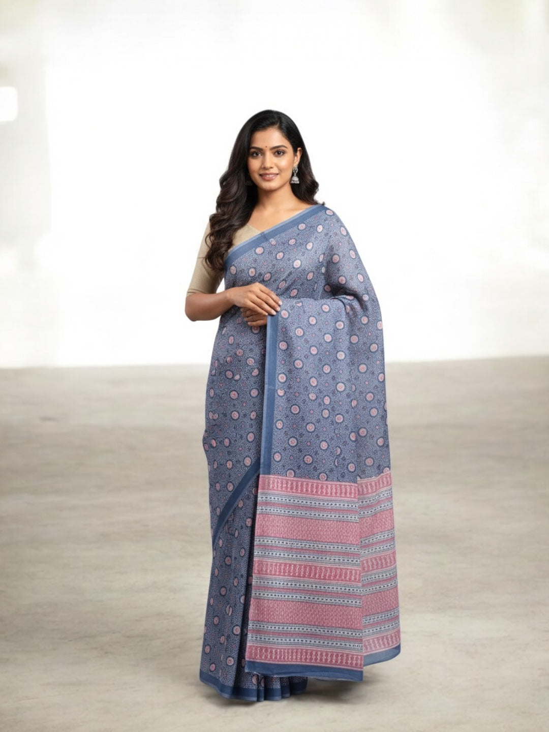 Blue Colour Floral Printed Soft Cotton Saree with Blouse