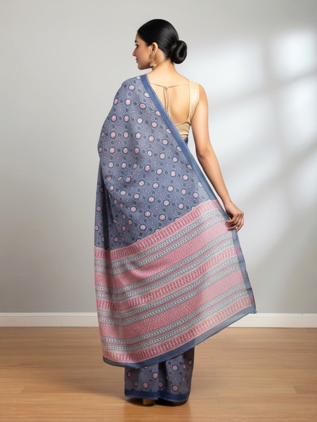Blue Colour Floral Printed Soft Cotton Saree with Blouse