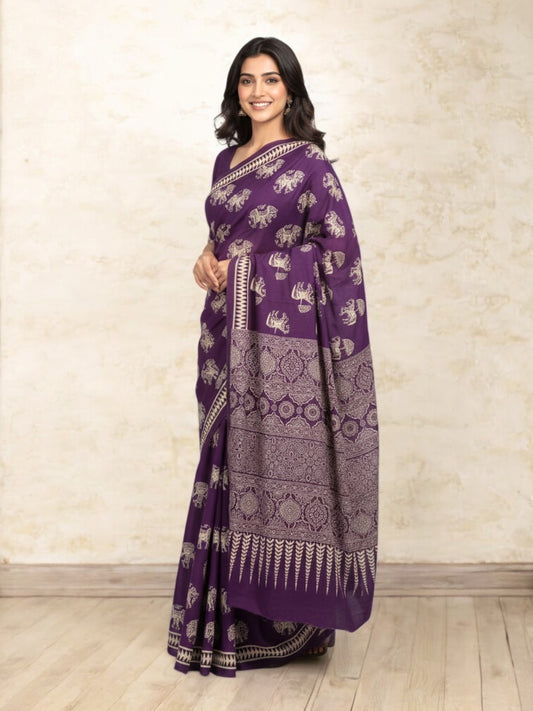 Purple Colour Floral Printed Soft Cotton Saree with Blouse