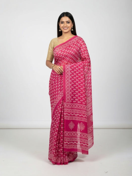 Pink Colour Floral Printed Mul Mul Cotton Saree with Blouse