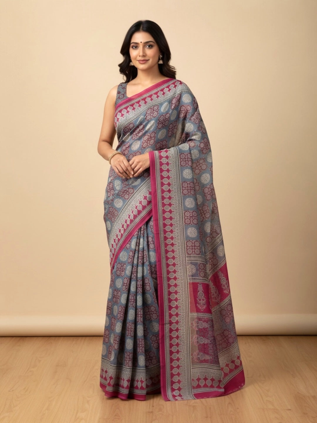 Grey Colour Floral Printed Soft Cotton Saree with Blouse