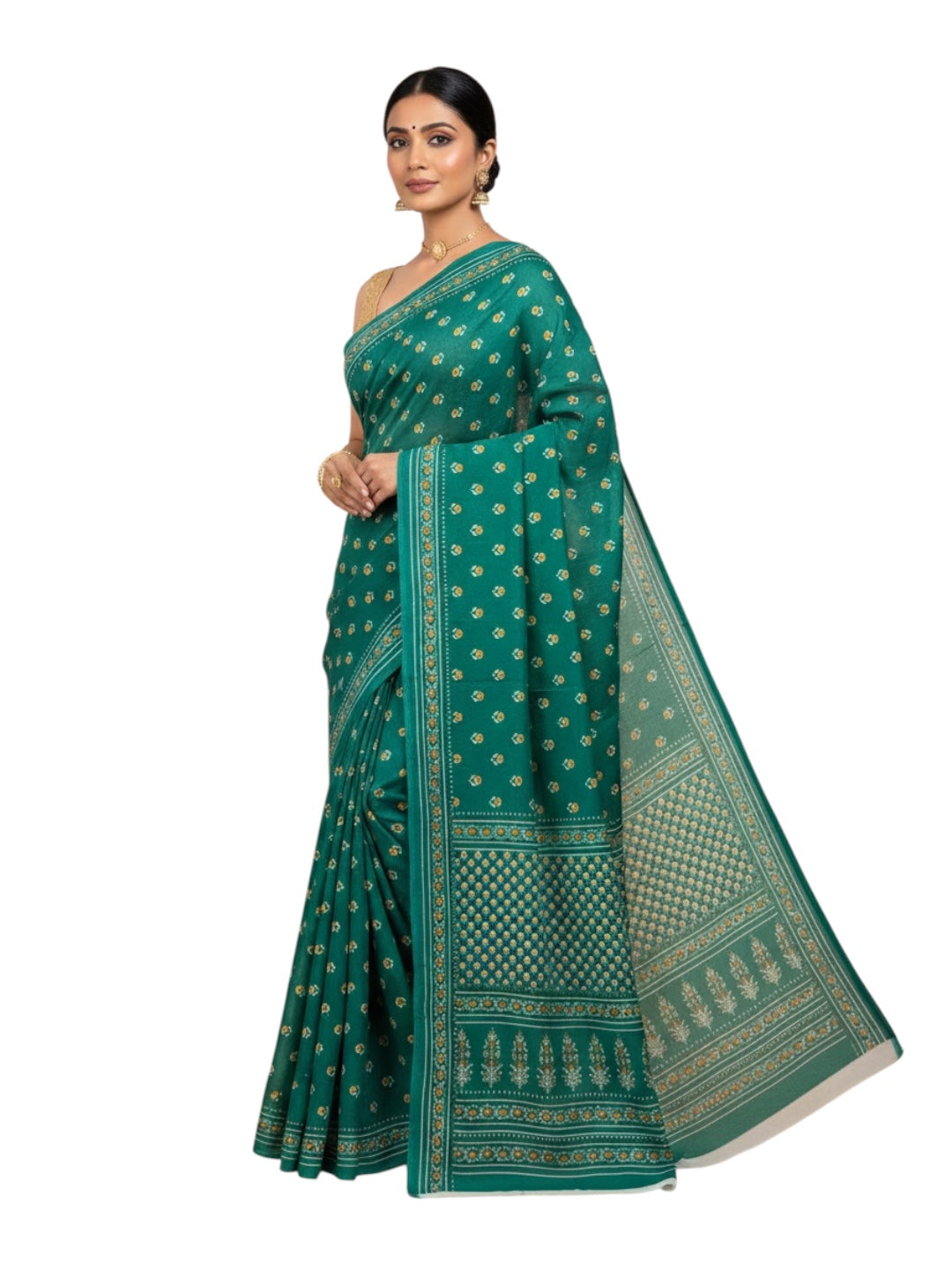 Green Colour Floral Printed Soft Cotton Saree with Blouse
