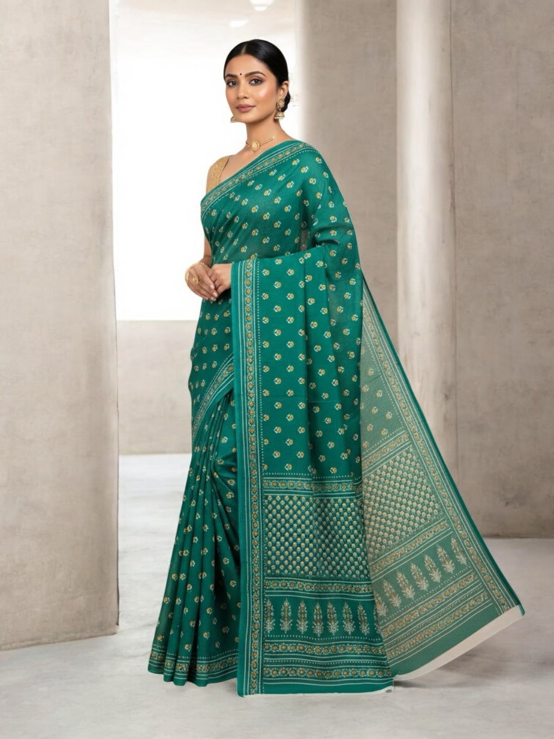 Green Colour Floral Printed Soft Cotton Saree with Blouse