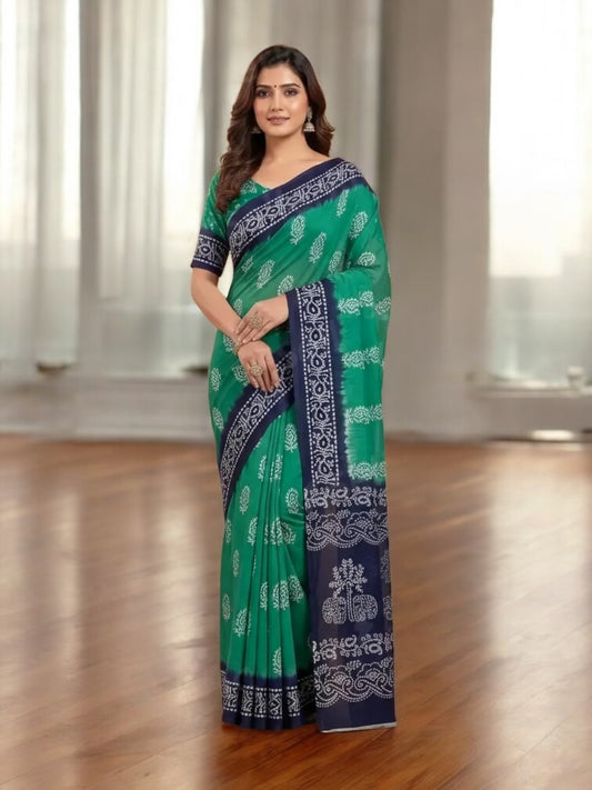 Stylish Rama Green saree in pure cotton fabric