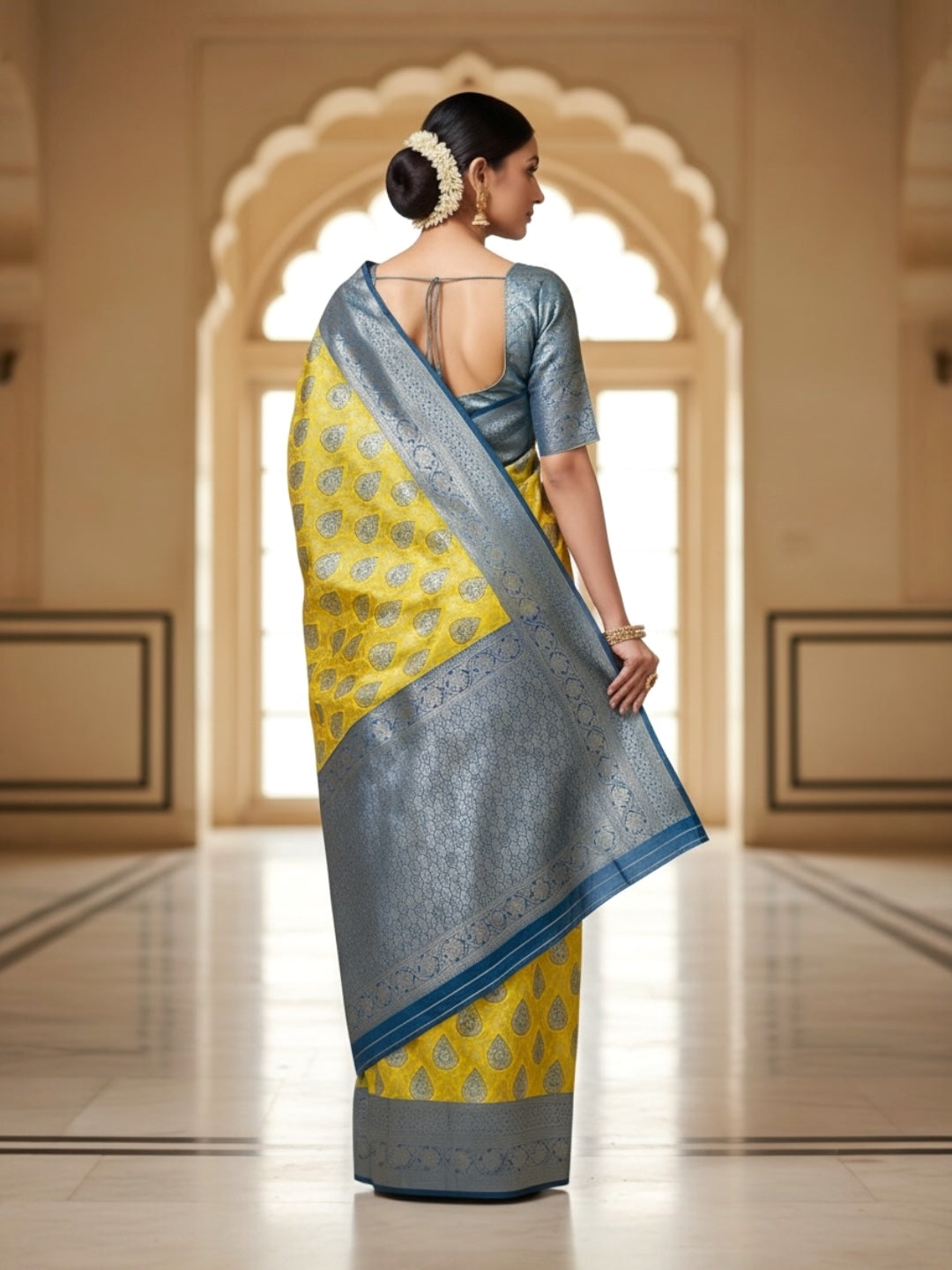 Yellow and Blue Banarasi Fancy Saree