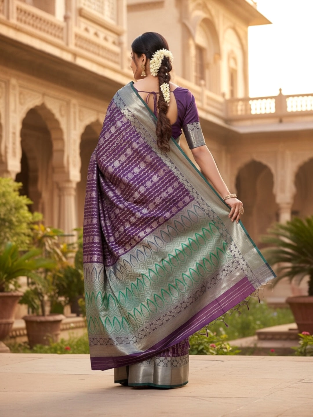 Purple and Green Colour Soft Pattu Saree