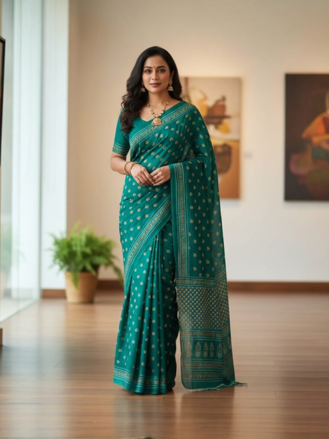 Green Colour Floral Printed Soft Cotton Saree with Blouse