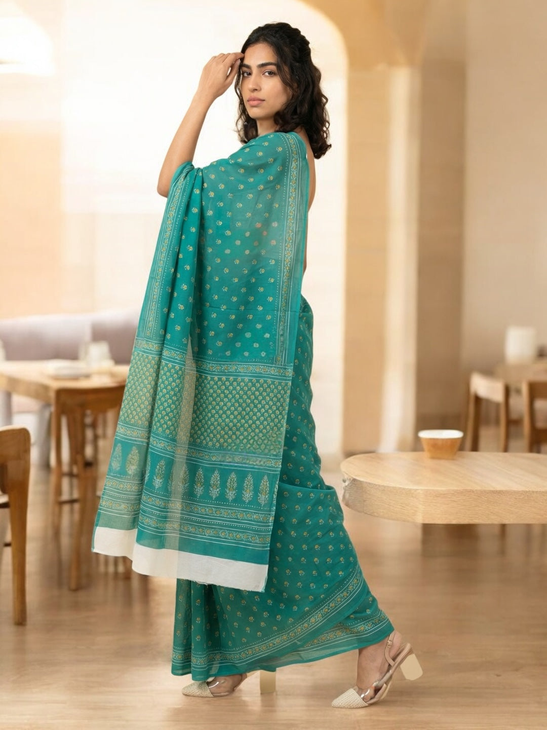 Green Colour Floral Printed Soft Cotton Saree with Blouse