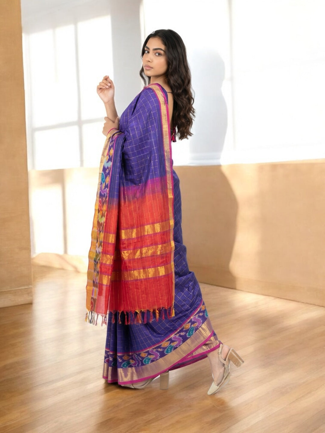 Venkatagiri Deep Violet & Red Cotton Pattu Saree