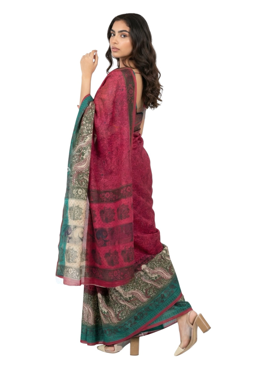 Pink and Green Colour Kalamkari Print Cotton Saree
