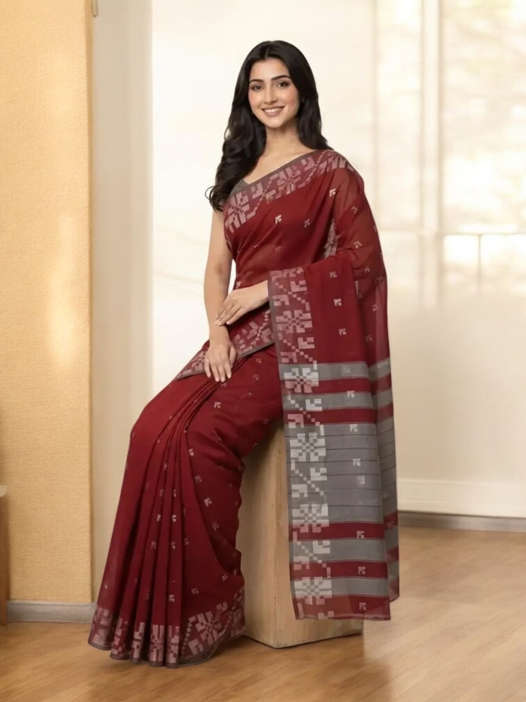 Maroon Colour Khadi Cotton Saree