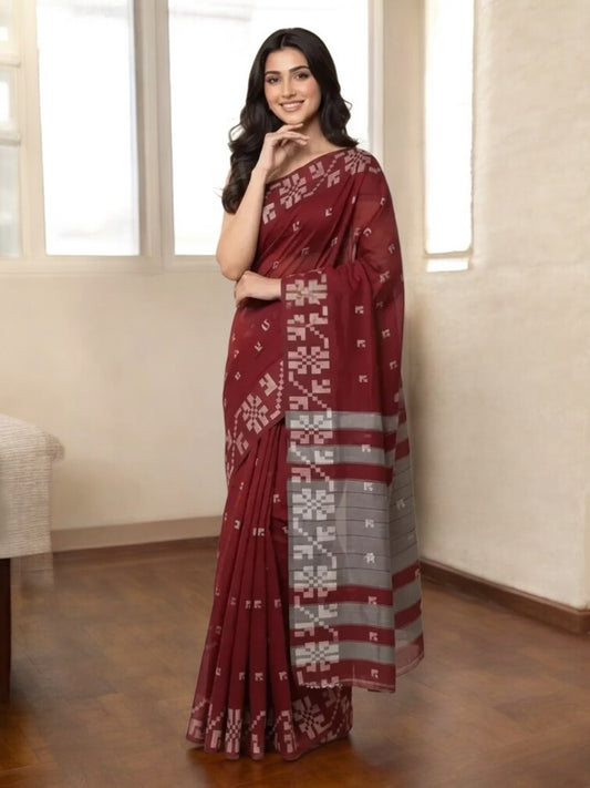 Maroon Colour Khadi Cotton Saree