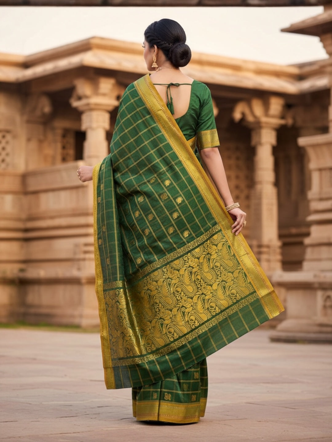 Venkatagiri Handloom Deep Green & Mustard Yellow Cotton Saree