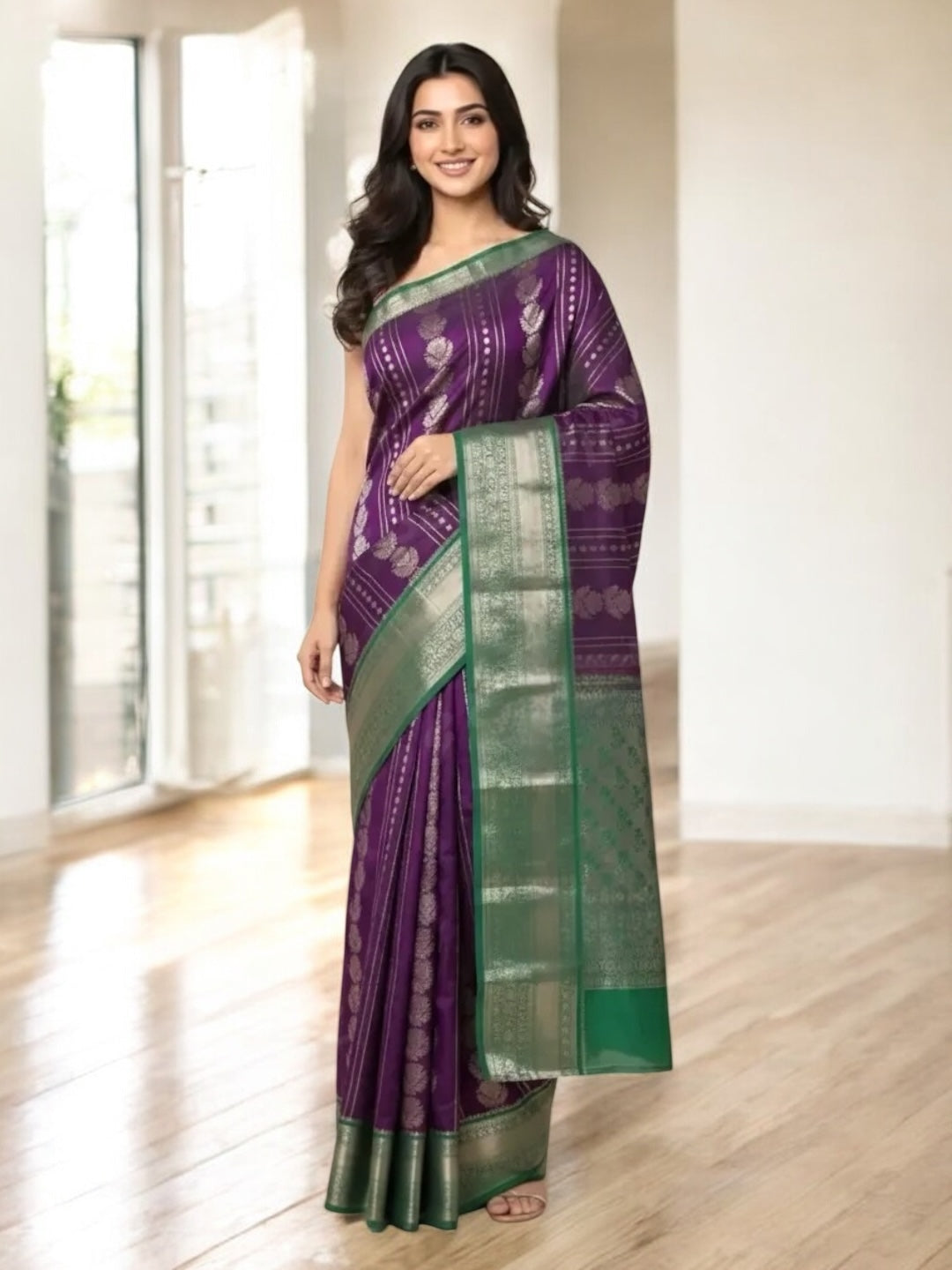 Purple and Green Colour Soft Pattu Saree