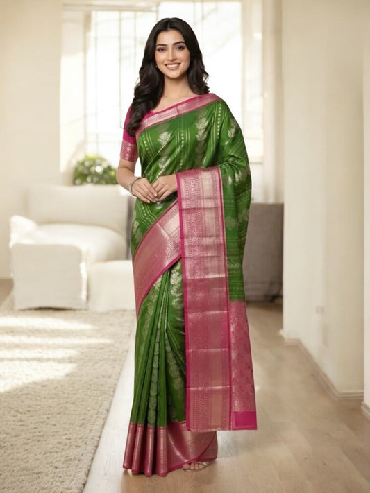 Green and Pink Colour Soft Pattu Saree